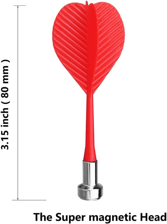 Rood hartvormig magnetisch dartbord met dubbelzijdig magnetisch dartbord, veilig voor kinderen en afmetingen weergegeven.