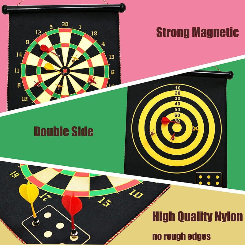 Laad afbeelding in Galerijviewer, Een afbeelding promotie die een dubbelzijdig magnetisch dartbord presenteert met aan de ene kant een traditioneel dartbordontwerp en aan de andere kant een doel.
