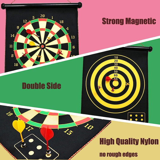 Een afbeelding promotie die een dubbelzijdig magnetisch dartbord presenteert met aan de ene kant een traditioneel dartbordontwerp en aan de andere kant een doel.
