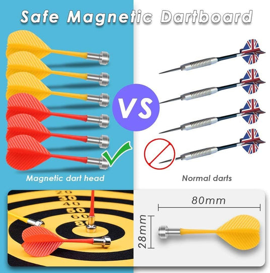 Een vergelijking van het Dubbelzijdige magnetische dartbord versus normale scherpe darts, gekenmerkt door de veiligheidskenmerken en afmetingen.