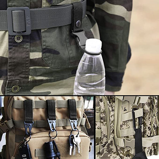 Close-upbeelden tonen verschillende toepassingen van tactische uitrustingsbevestigingen op een camouflage-uniform, waaronder een waterfles, sleutels en zakjes met een Tactische riem voor mannen: De ultieme riem voor avontuur en duurzaamheid.