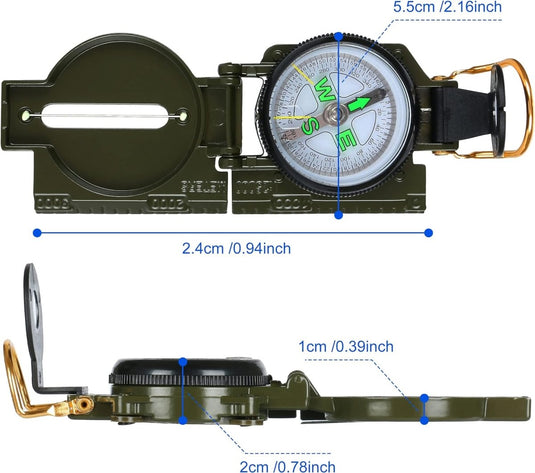 Afmetingen van een militair Marskompas tonen zowel gesloten als open aanzichten: diameter van het kompas, dikte in gesloten toestand en lengte in geopende toestand.
Productnaam: Marskompas, het onmisbare hulpmiddel voor avontuurlijke wandelaars