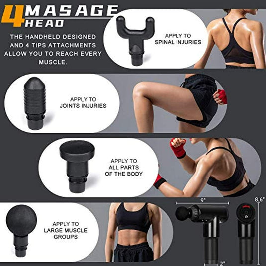 Collage van een Ontspan-spieren met vier hulpstukken, die het gebruik ervan op verschillende lichaamsdelen door een atletische vrouw in sportkleding demonstreert.