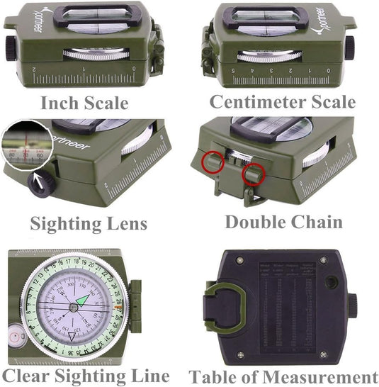 Een collage die de functies van het militaire marskompas toont, inclusief een inch schaal, een centimeter schaal, dubbele ketting en een helder design.