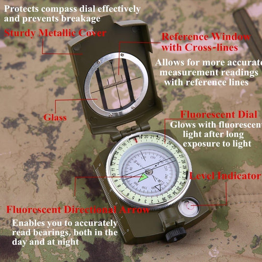 Een gelabelde foto van een Militair marskompas functionele zijn functies, zoals een stevige metalen ondersteund, glazen lens, fluorescerende.
