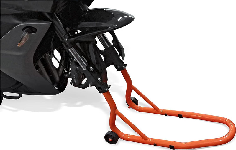 Laad afbeelding in Galerijviewer, Montagestandaard voor voorvork gemonteerd op een levendig oranje frame, met de focus op het wiel en de draagconstructie van dichtbij met een universele pasvorm.
