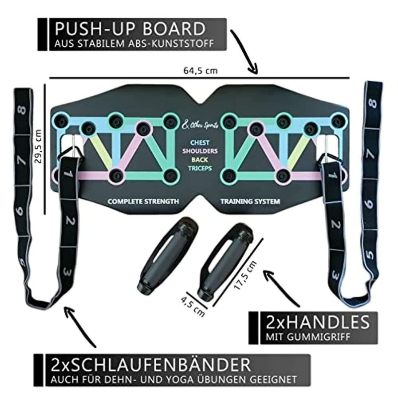 Laad afbeelding in Galerijviewer, Illustratie van een multifunctioneel push-up board voor een complete fitnesstraining met gelabelde afmetingen en kenmerken, inclusief twee handvatten en weerstandsbanden voor oefeningen.
