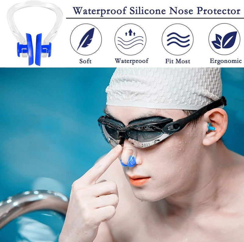 Laad afbeelding in Galerijviewer, Een zwemmer die een comfortabele Neusclips voor zwemmen aanpast, een veiligheidsbril en een witte badmuts draagt, met pictogrammen die de kenmerken van het product benadrukken.
