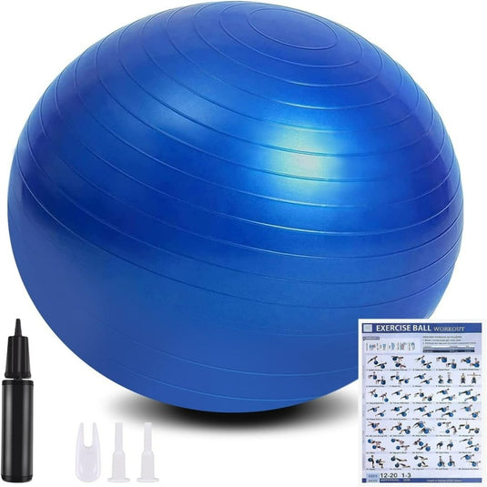 Blauwe Anti-Burst Yogabal met luchtpomp en trainingsschema.