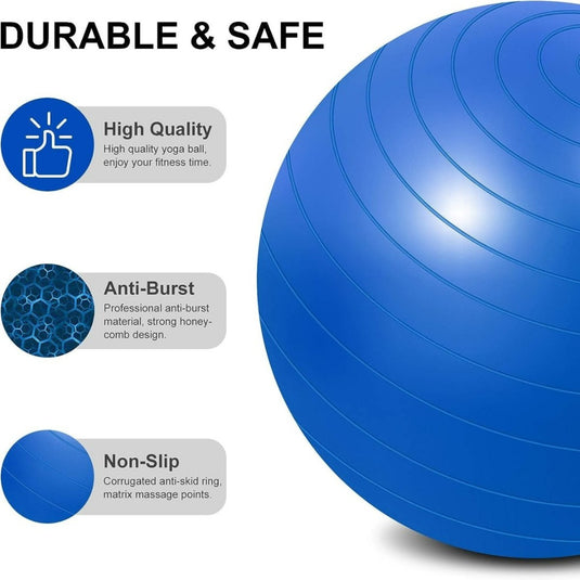 Blauwe Anti-Burst fitnessbal met hoogwaardige, anti-burst en antislip eigenschappen voor veilig fitnessgebruik.