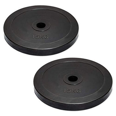 Twee zwarte rubberen gewichthefplaten van 15 kg voor Olympische 2