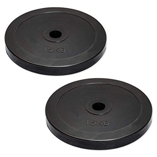 Twee zwarte rubberen halterschijven van 15 kg, perfect voor gebruik met Olympische Bars, uit onze