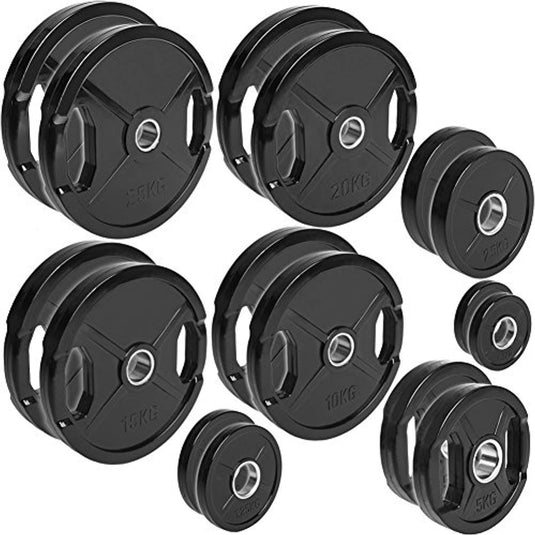 De Olympische halterschijven met rubberen bekleding, verkrijgbaar per paar variërend van 0,5 tot 30 kg, zijn perfect voor krachtsporttraining.