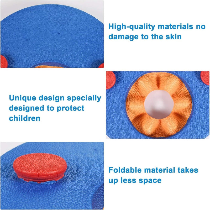Laad afbeelding in Galerijviewer, Collage van een Ontdek de magie van onze ronde zwembandjes-product met close-ups van blauwe en oranje structuurstoffen en een opvouwbaar ontwerp met een wit knoopdetail.
