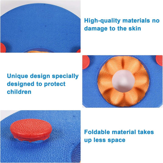 Collage van een Ontdek de magie van onze ronde zwembandjes-product met close-ups van blauwe en oranje structuurstoffen en een opvouwbaar ontwerp met een wit knoopdetail.