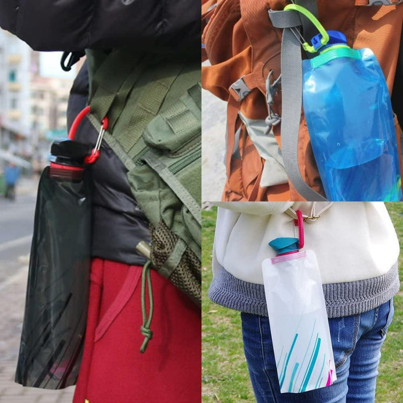 Laad afbeelding in Galerijviewer, Vier verschillende Ontdek de ultieme reisgenoot: Onze opvouwbare waterflessenset van 3 ontwerpen bevestigd aan tassen en kleding voor gemakkelijke toegang.
