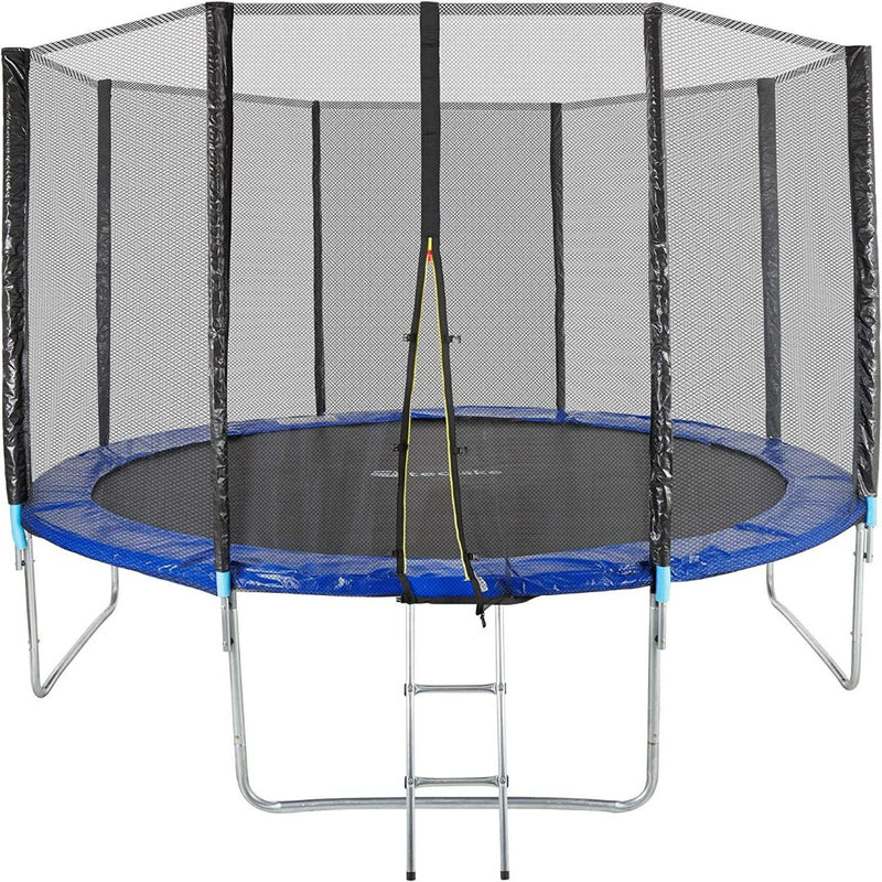 Laad afbeelding in Galerijviewer, Grote ronde buitentrampoline met veiligheidsnet en ladder, voorzien van een blauw-zwart kleurenschema en TÜV-getest GS-certificaat.
