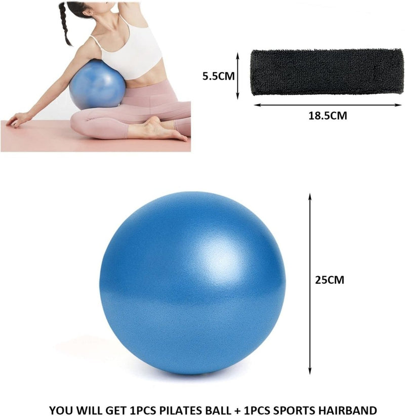 Laad afbeelding in Galerijviewer, Oefenset bestaande uit een blauwe Pilates-bal met afmetingen en een zwarte sporthoofdband, ontworpen voor lichaamstraining en het vergroten van de flexibiliteit.
