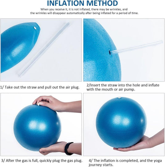 Stapsgewijze visuele instructies voor het opblazen van een blauwe Pilates-bal met een rietje en een plug.