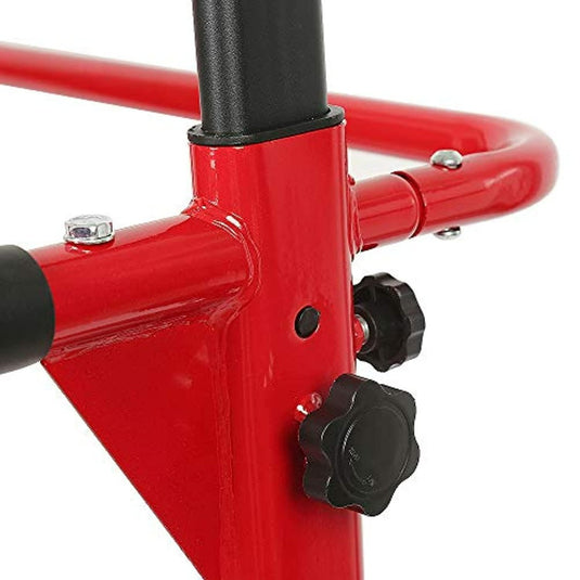 Close-up van een rood Creëer je fitnessparadijs met ons multifunctionele metalen frame van de powertower met instelknoppen en bouten, focus op de verbindings- en mechanismedetails.