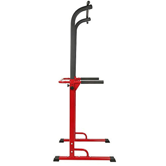 Een rood-zwarte Creatify multifunctionele krachttoren voor fitnesstraining, met dip- en pull-up handgrepen.