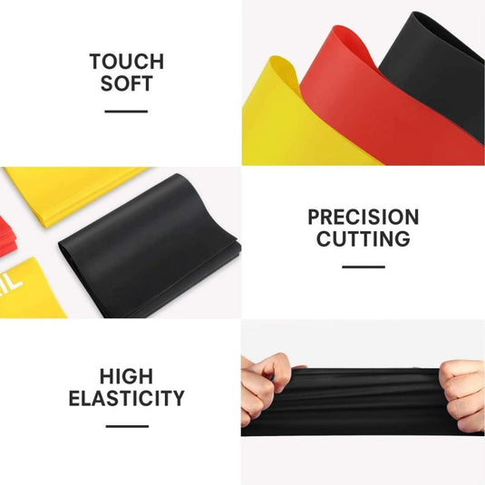 Collage van Ontgrendel jouw grenzen: Transformeer je training met onze premium 100% latex weerstandsbanden die kenmerken tonen: zachte textuur, nauwkeurig snijden en hoge elasticiteit, met handen die een zwarte band uitrekken.