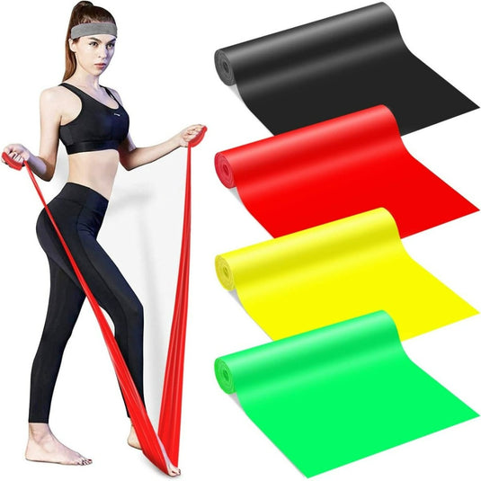 Vrouwoefeningen met een Ontgrendel jouw grenzen: Transformeer je training met onze premium 100% latex weerstandsband; naast haar staan afbeeldingen van weerstandsbanden in de kleuren zwart, rood, geel en groen.