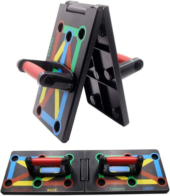 Draagbaar multi-angle push-up board met kleurgecodeerde handvatten voor het gericht op specifieke spiergroepen.