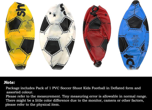 Geassorteerde kleurrijke leeggelopen PVC-voetballen voor kinderen weergegeven in een collage met een opmerking over de inhoud van de verpakking en een disclaimer over mogelijke kleurverschillen en meetfouten, waardoor ze lichtgewicht zijn.
Productnaam: De perfecte speelkameraad voor je soort, PVC voetbal