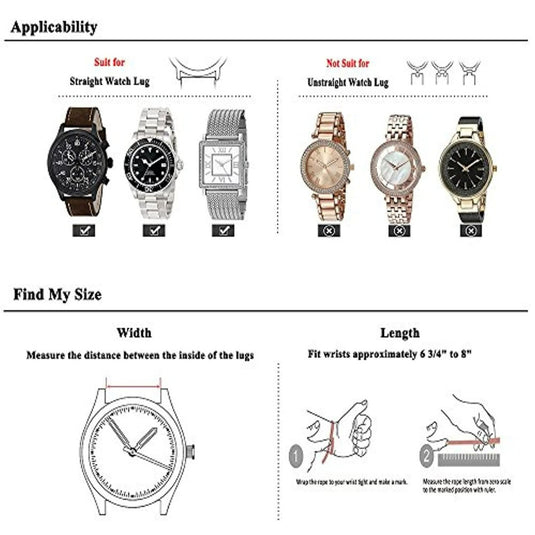 Upgrade je horloge met onze Luxe Echt Leren Reserve horlogebandjes, met afbeeldingen van geschikte en ongeschikte horlogelugs voor rechte horlogebanden met een Panerai-stijl, en instructies voor het meten van de polsmaat van een horloge.
