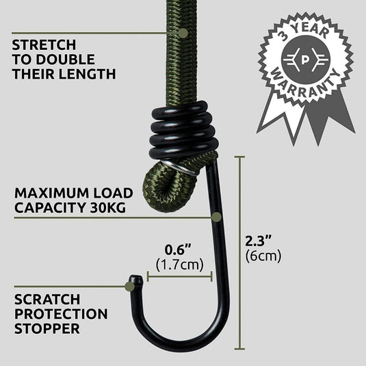 Close-up van een zwarte Robuuste spanrubbers met haken voor al je avonturen haak met een groen touw, gelabeld met afmetingen en een "3 jaar garantie" badge, ideaal voor het vastzetten van bagage.