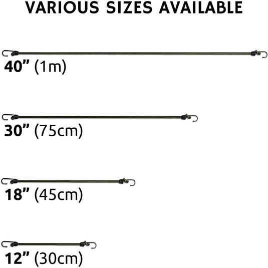 Vier Robuuste spanrubbers met haken voor al je avonturen in verschillende lengtes met de opschriften 40", 30", 18" en 12", elk met afmetingen in inches en centimeters.