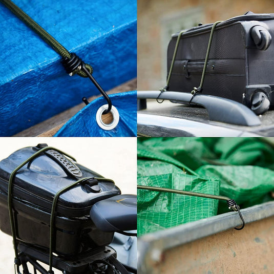 Een collage van vier afbeeldingen met zwarte Robuuste spanrubbers met haken voor al je avonturen die verschillende items vastzetten: een blauw zeildoek, een koffer, een helm op een motorfiets en een groen zeildoek voor op de camping.
