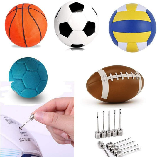Op een witte achtergrond zijn verschillende sportballen afgebeeld, naast een persoon die er een opblaast met een naald en verschillende roestvrijstalen ballenpomp naalden.