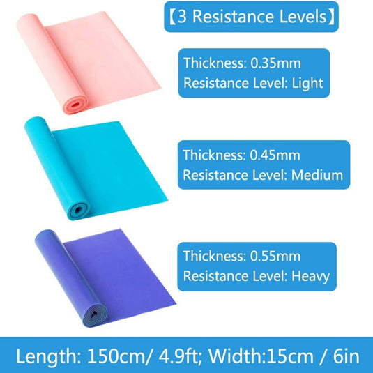 Drie opgerolde fitnessweerstandsbanden in de kleuren roze, blauw en paars, elk met labels die verschillende weerstandsniveaus en afmetingen voor krachttraining weergeven.