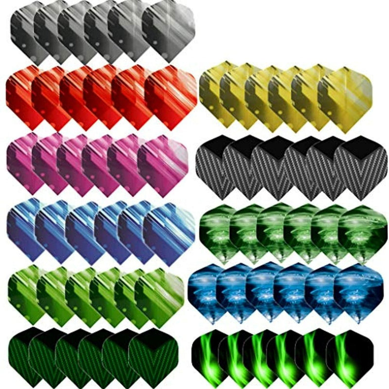 Laad afbeelding in Galerijviewer, Een reeks dartvluchten in verschillende kleuren en patronen, weergegeven in meerdere rijen. Versier je dartspel met onze dartflights set - 66 stuks in diverse kleuren.
