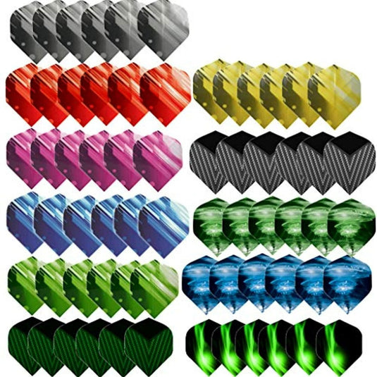 Een reeks dartvluchten in verschillende kleuren en patronen, weergegeven in meerdere rijen. Versier je dartspel met onze dartflights set - 66 stuks in diverse kleuren.