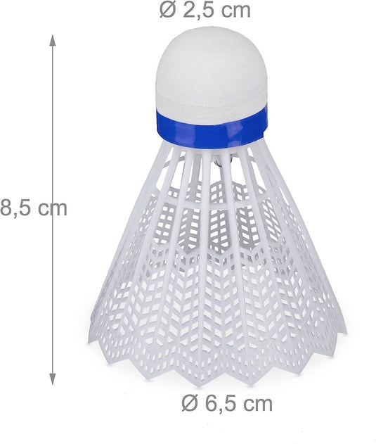 LED verlichte badminton shuttle set: maak van elke wedstrijd een feestje! met een blauwe band, afmetingen vermeld: hoogte 8,5 cm, bovendiameter 2,5 cm, onderdiameter 6,5 cm tegen een witte achtergrond.