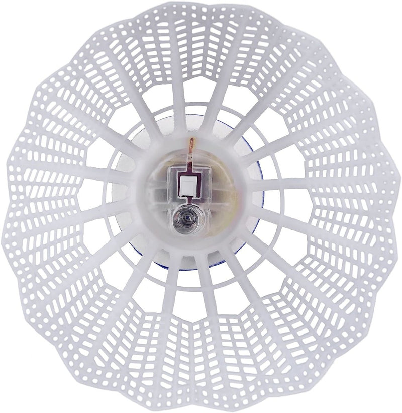 Laad afbeelding in Galerijviewer, Bovenaanzicht van een witte, ronde LED-verlichte badmintonshuttleset met een zichtbare kurken basis en synthetische rok.
