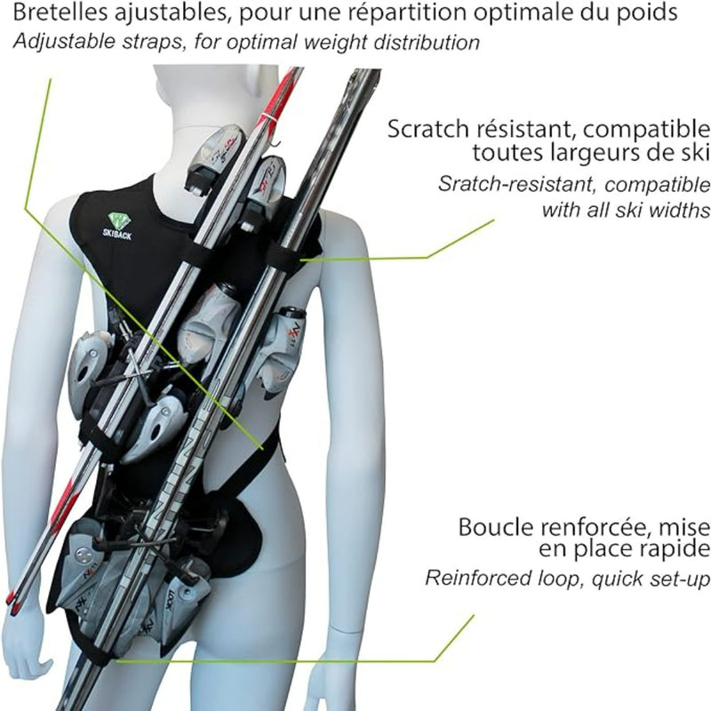 Laad afbeelding in Galerijviewer, Etalagepop met een Skiback skidragerrugzak met verstelbare bandjes en handschoenen voorzien van labels in het Frans en Engels.
