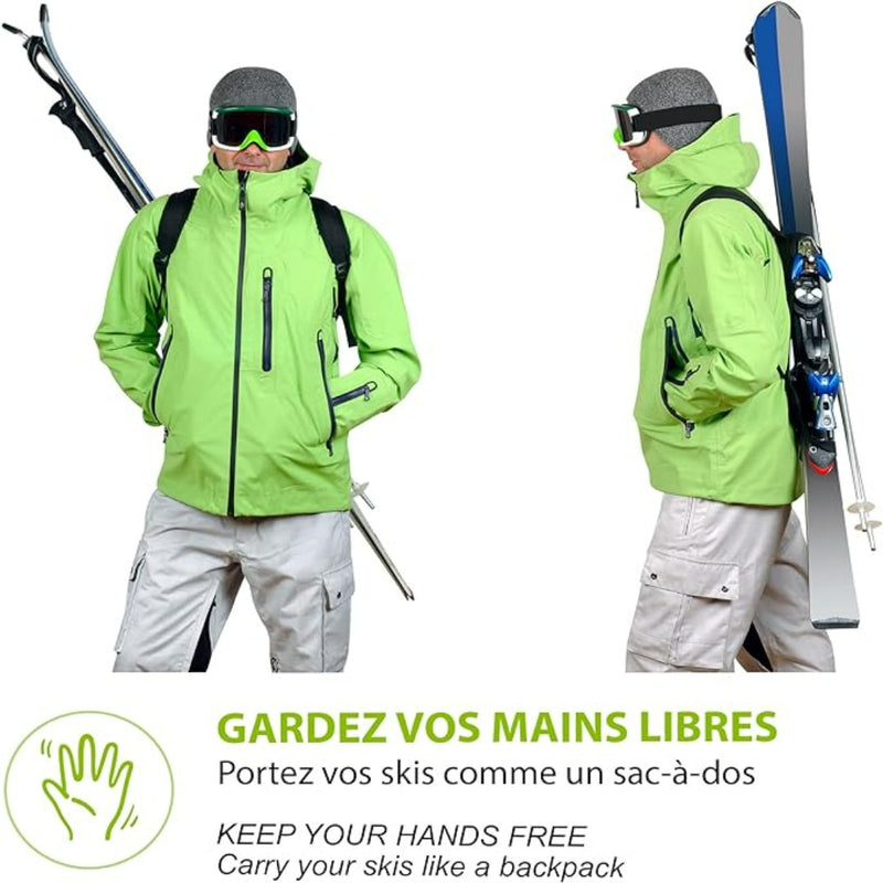 Laad afbeelding in Galerijviewer, Een persoon die de Skiback-methode demonstreert voor het dragen van ski&#39;s met behulp van een schouderband, met instructies in het Frans en Engels die het gemak van de methode benadrukken.
