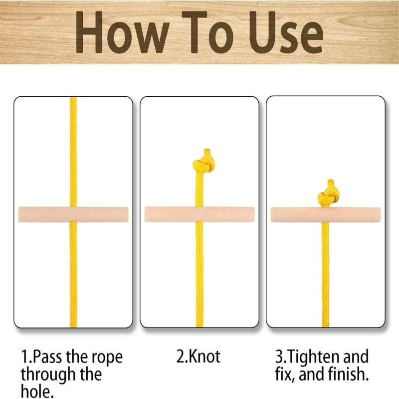 Laad afbeelding in Galerijviewer, Instructieschema in drie stappen dat laat zien hoe u een Slee Touw gebruikt om een object door een gat te bevestigen.
