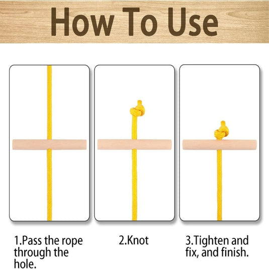 Instructieschema in drie stappen dat laat zien hoe u een Slee Touw gebruikt om een object door een gat te bevestigen.