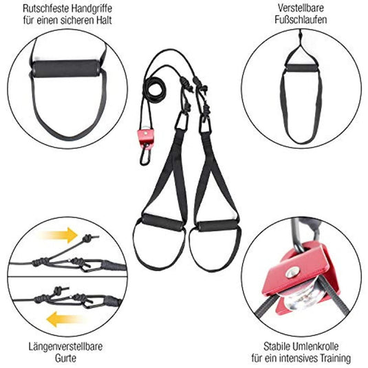 Illustratie van de onderdelen van de Veelzijdige Suspension Trainer: handgreep, voetlussen, verstelbare banden en een stabiele katrol.