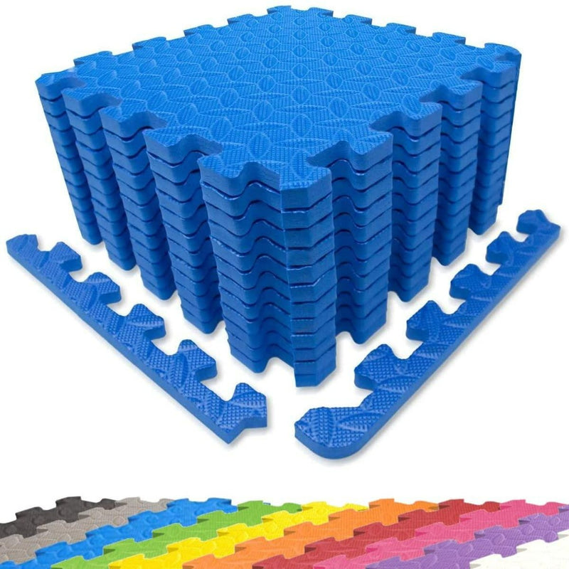 Laad afbeelding in Galerijviewer, Puzzelmatten met randstukken in een blauwe kleur, zowel verbonden in een honingraatpatroon als individuele stukken met meer gekozen opties eronder. Deze matten zijn duurzaam en worden geleverd met randstukken.
