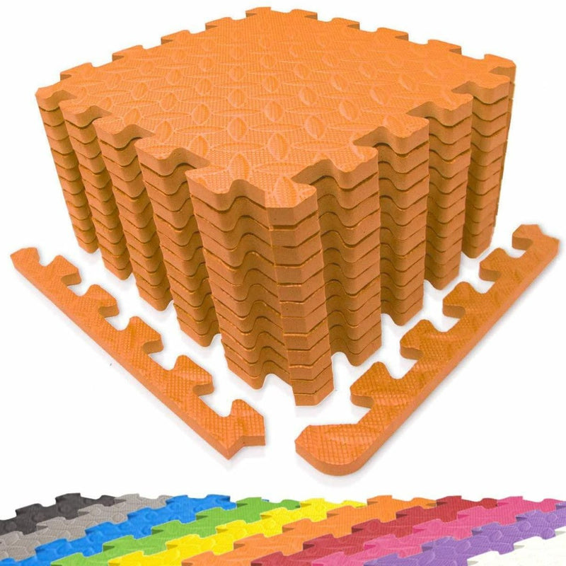 Laad afbeelding in Galerijviewer, Stapel duurzame, slipvaste puzzelmatten met randstukken: de perfecte manier om je sportruimte te beschermen in verschillende kleuren, met een focus op een samengestelde oranje set.
