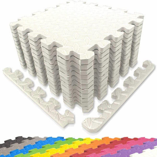 Set Puzzelmatte met randstukken in elkaar grijpende schuimvloertegels weergegeven in verschillende configuraties, met een kleurenspectrumkaart die de beschikbare kleuren aangeeft.