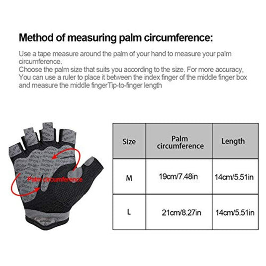 Een grafiek die laat zien hoe je de handmaat voor handschoenen kunt meten met een voorbeeld van een vinger die de omtrek meet, met Ervaar ultiem comfort en grip met onze fitnesshandschoenen met licht gewicht met antislip siliconen grip.