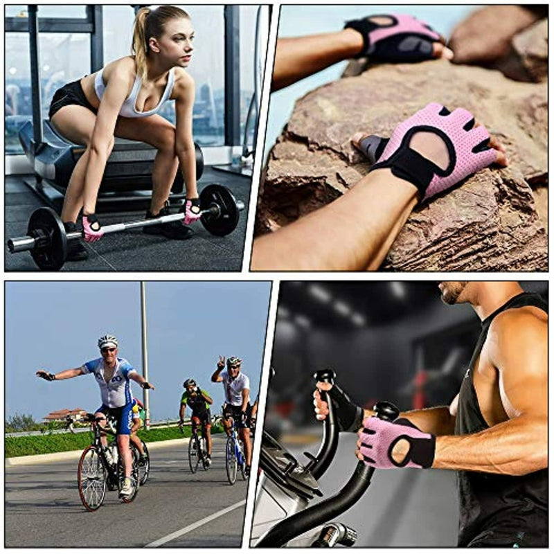 Laad afbeelding in Galerijviewer, Collage van vier afbeeldingen met roze Verbeter je training met onze premium fitnesshandschoenen van microvezel gebruikt bij verschillende activiteiten: gewichtheffen, rotsklimmen, fietsen en op een hometrainer.
