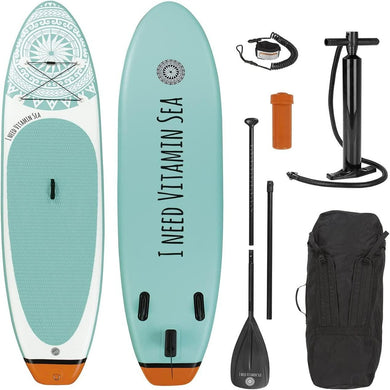 Opblaasbaar Stand-up Paddleboard Vitamine Sea voor beginners en gevorderden, met accessoires waaronder een peddel, pomp, veiligheidslijn en draagtas, met de tekst 
